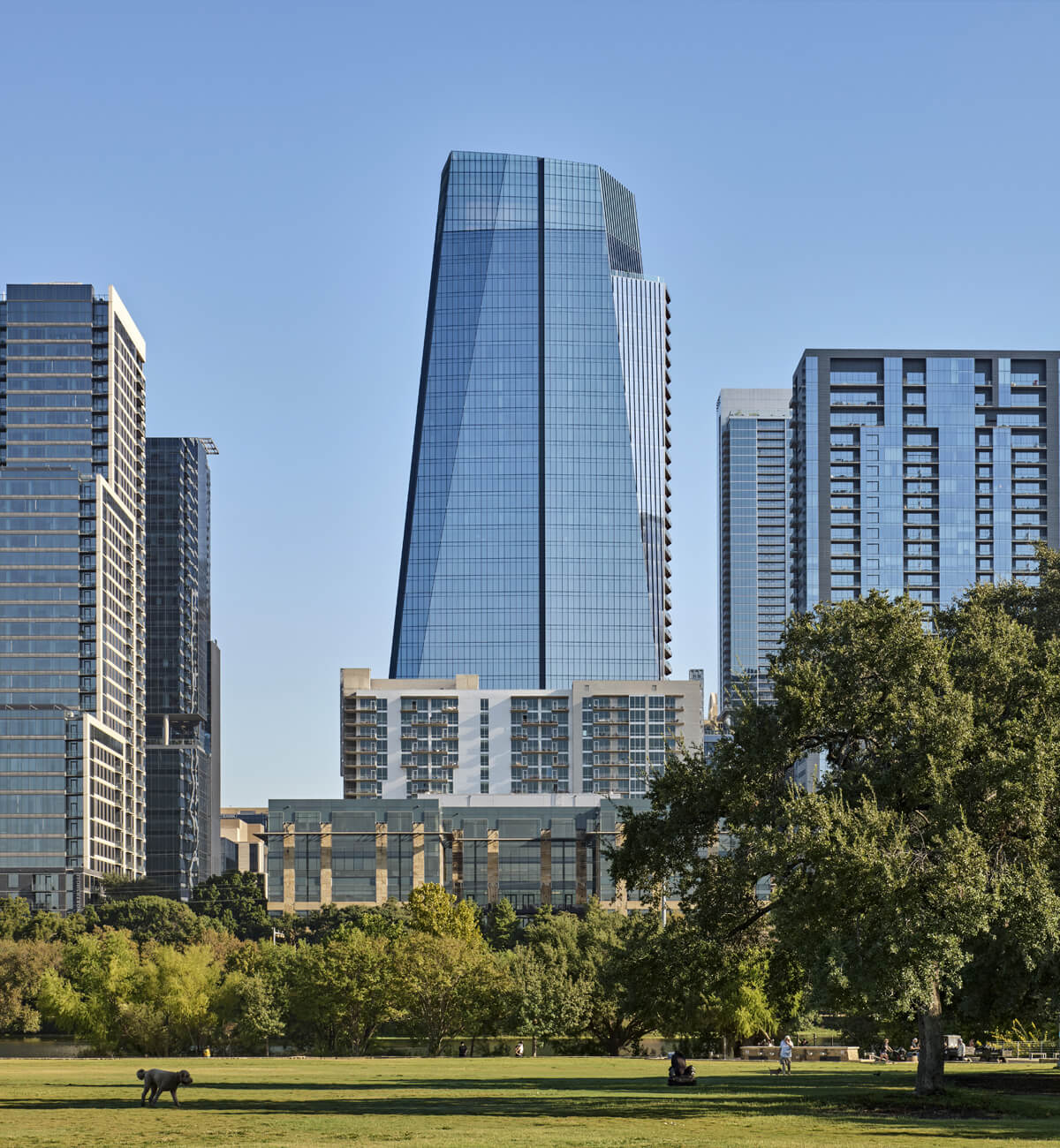 Aerial view of The Republic office tower in downtown Austin