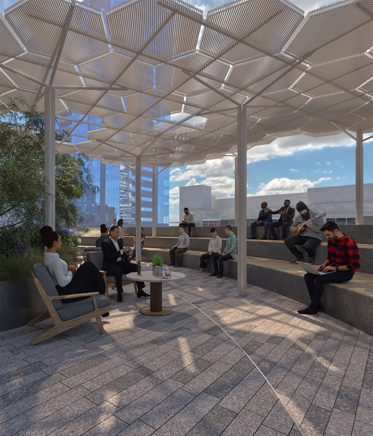 Tenants and guests use the roof terrace with decorative pergola