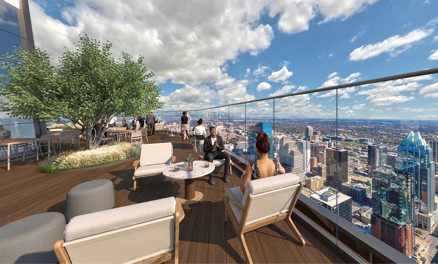 Tenants and guests enjoy the uppermost terrace level on a clear day in downtown Austin