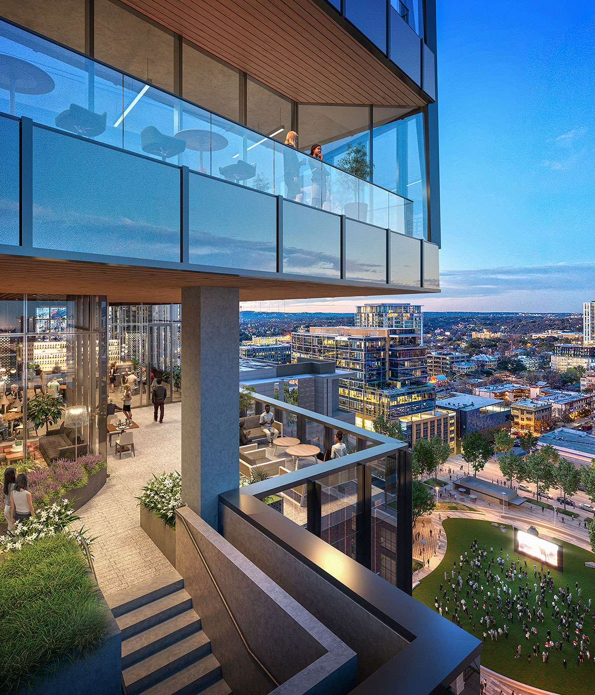 Terrace with plants overlooking downtown Austin at dusk