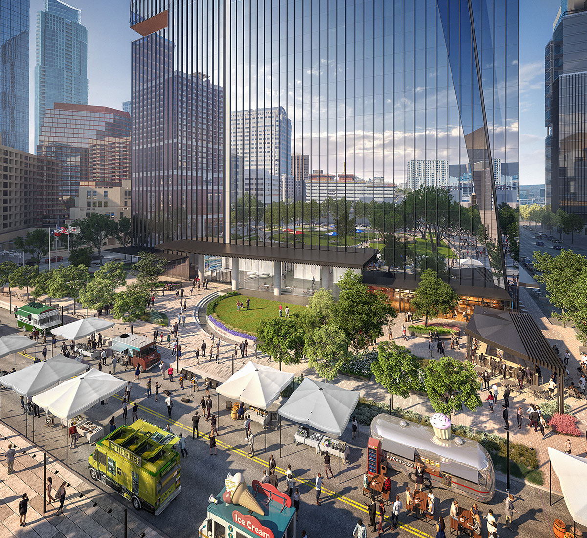 Busy city street with food trucks outside of The Republic office tower