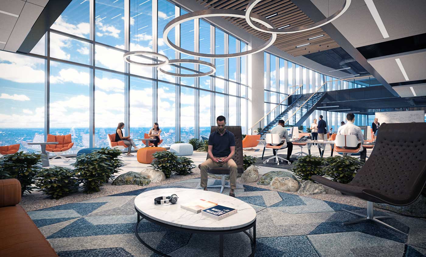 Tenants utilize seating areas next to open concept workstations