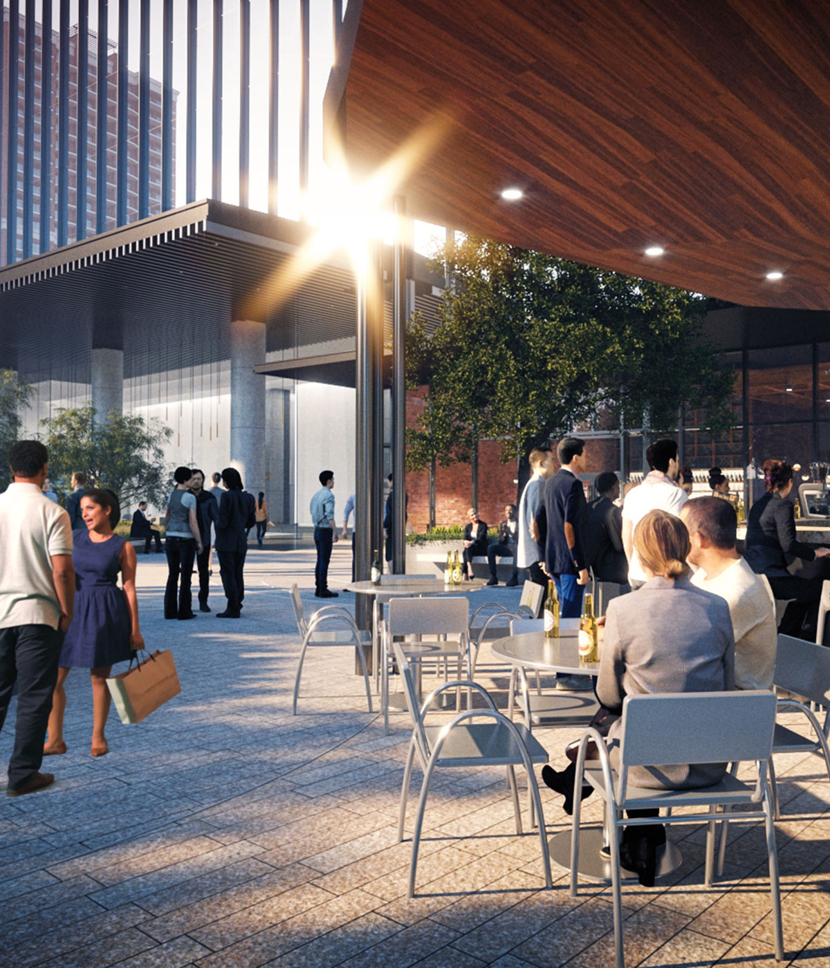Tenants and guests enjoy the outdoor bar area