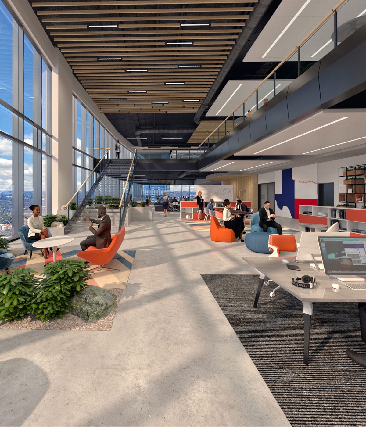 Tables and chairs in a two-story common area with city views